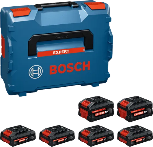 Bosch accuset met 4x EXBA18V-40 en 2x EXBA18V-80.