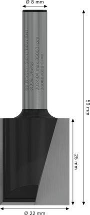 Bosch PRO freesbit met rechte kop, 22 mm, twee snijkanten.