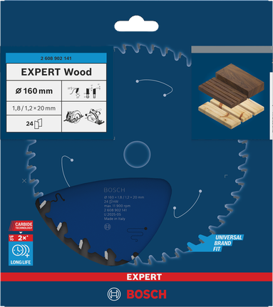 Bosch EXPERT houtcirkelzaagblad 160 mm T24 voor nauwkeurig zagen van hout.