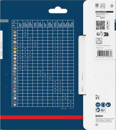 Verpakking van het Bosch EXPERT houtcirkelzaagblad met een materiaalcompatibiliteitstabel.