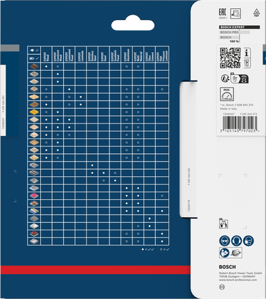 Verpakking van het Bosch EXPERT Construct houtcirkelzaagblad met compatibiliteitstabel.
