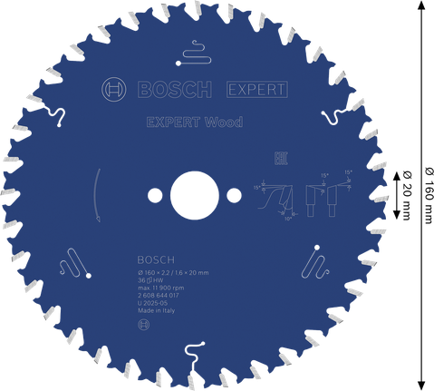 Bosch EXPERT houtcirkelzaagblad 160 mm voor het zagen van hout.