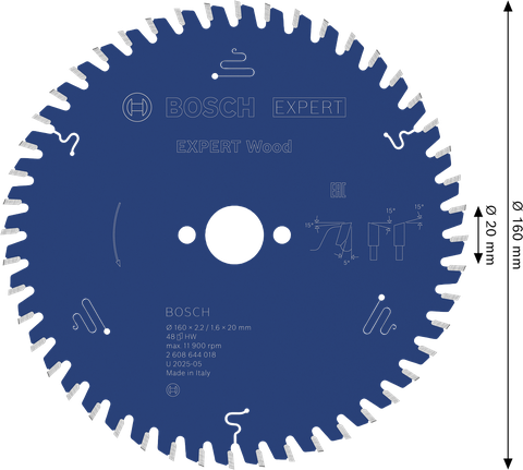 Bosch EXPERT houtcirkelzaagblad 160 mm T48 voor nauwkeurig zagen van hout.