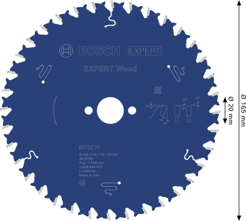 Bosch EXPERT houtcirkelzaagblad 165 mm voor het zagen van hout.