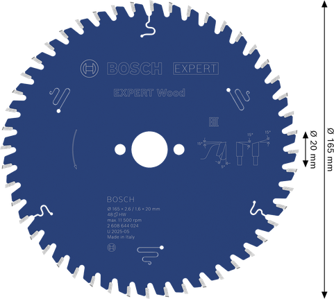 Bosch EXPERT houtcirkelzaagblad 165 mm voor nauwkeurig zagen van hout.