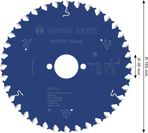 Bosch EXPERT houtcirkelzaagblad 165 mm voor het zagen van hout.