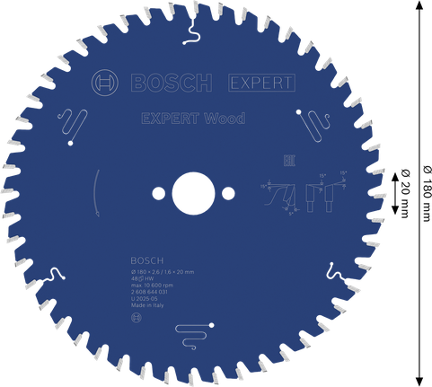 Bosch EXPERT houtcirkelzaagblad 180 mm T48 voor het zagen van hout.
