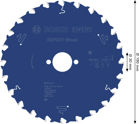 Bosch EXPERT houtcirkelzaagblad 190 mm voor schone zaagsneden.