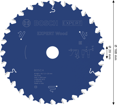 Bosch EXPERT houtcirkelzaagblad 168 mm voor het zagen van hout.