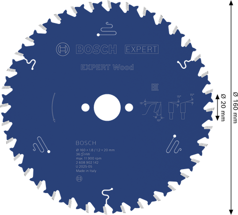 Bosch EXPERT houtcirkelzaagblad 160 mm voor schone houtsneden.