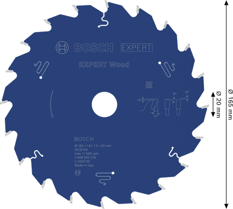 Bosch EXPERT houtcirkelzaagblad 165 mm voor het zagen van hout.