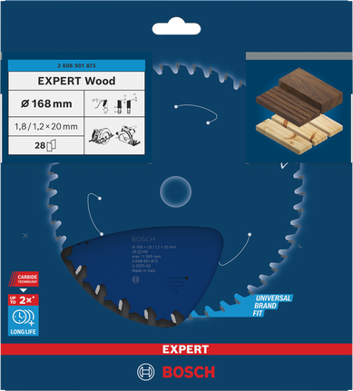 Bosch EXPERT houtcirkelzaagblad 168 mm voor snel houtzagen.