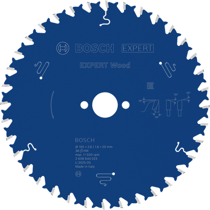 Bosch EXPERT houtcirkelzaagblad 165 mm voor nauwkeurig zagen van hout.