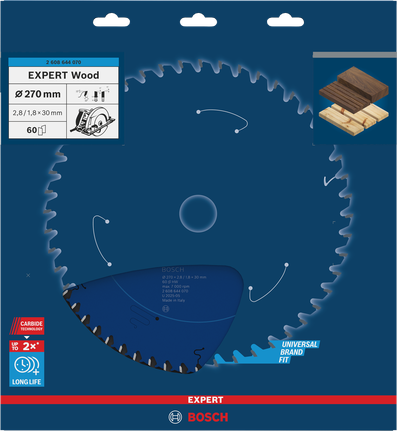 Bosch EXPERT houtcirkelzaagblad 270 mm T60 voor het zagen van hout.