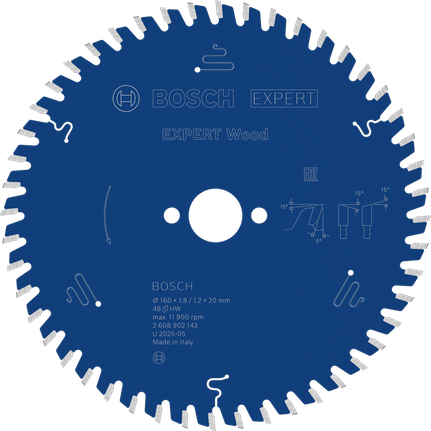 Bosch EXPERT houtcirkelzaagblad 160 mm T48 voor schone houtsneden.