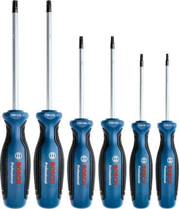 Zes blauwzwarte schroevendraaiers rechtop op een rij.