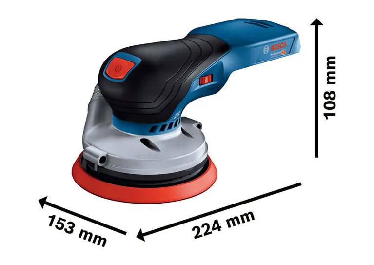 Bosch GEX 18V-125 draadloze excentrische schuurmachine met afmetingen.