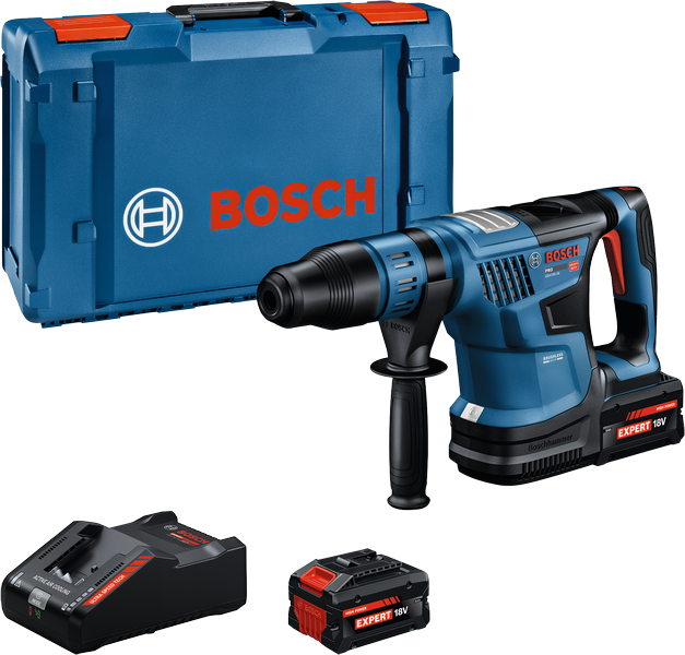 Bosch GBH 18V-36 roterende hamer met accu, lader en koffer.