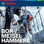 En Bosch Professional bor/meiselhammer brukes på betong med blått og rødt design.