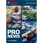 En brosjyre fra Bosch Professional med flere bilder av verktøy i bruk. Verktøyene er blå og røde, og viser aktiviteter som snekring og installasjon. Layouten er delt i firkanter med tekst og produktnavn.