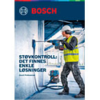En håndverker i arbeid bruker en Bosch Professional støvkontrollmaskin, iført hjelm og gul vest, i et rom med betongvegger.