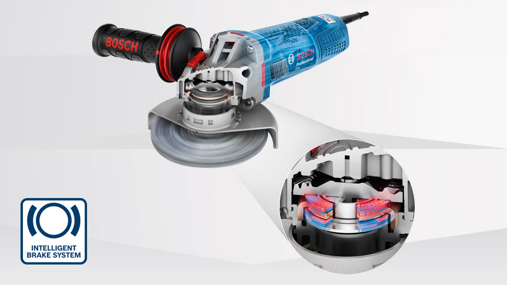 En blå Bosch Professional vinkelsliper med skjermbilde av bremsesystemet.