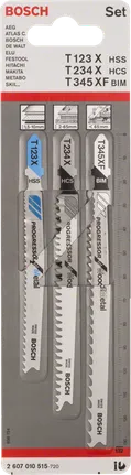 Bosch 3-delers stikksagbladsett for tre og metall.