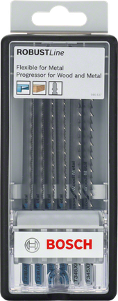 Bosch 6-delers stikksagbladsett i metall.