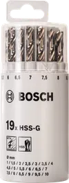 Bosch 19-delers HSS-G metallborsett i plastrør.