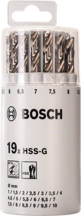 Bosch 19-delers HSS-G metallborsett i plastrør.