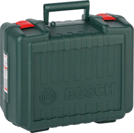 Bosch verktøykoffert i plast med røde låser og håndtak.