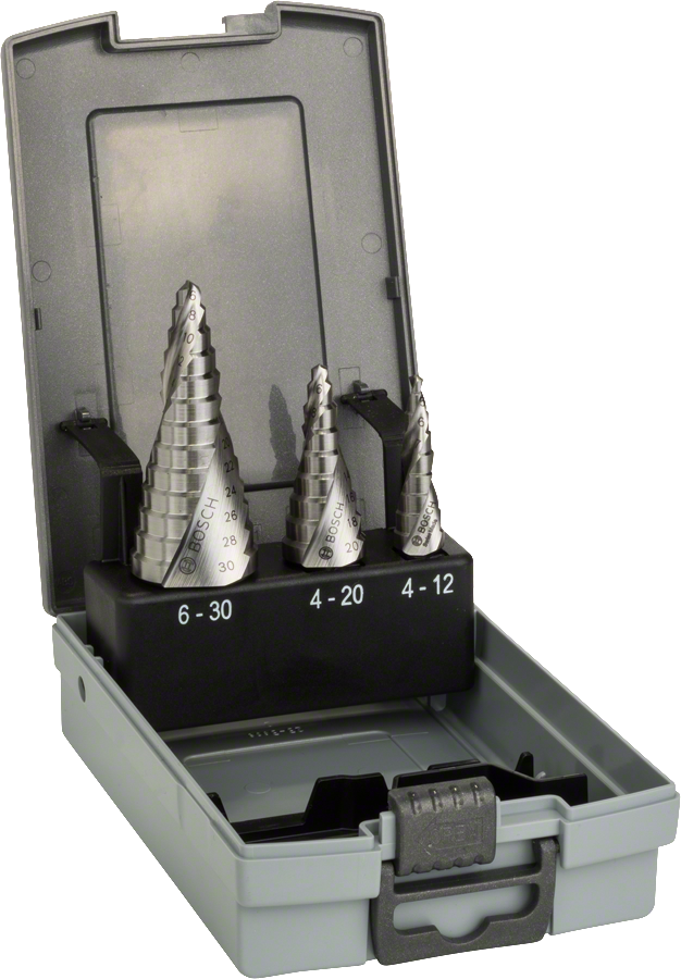 Bosch 3-delers HSS trinnborsett i oppbevaringskoffert.