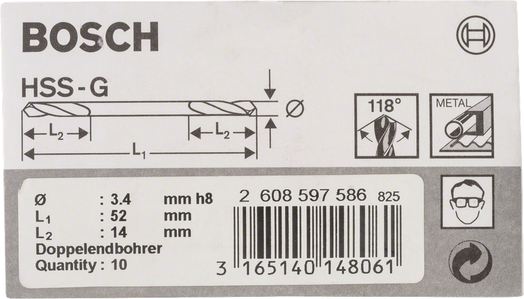 Bosch dobbeltsidige 3,4 mm HSS-G-bor.