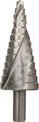 Bosch HSS trinnbor 6–30 mm for presis hulldimensjonering.