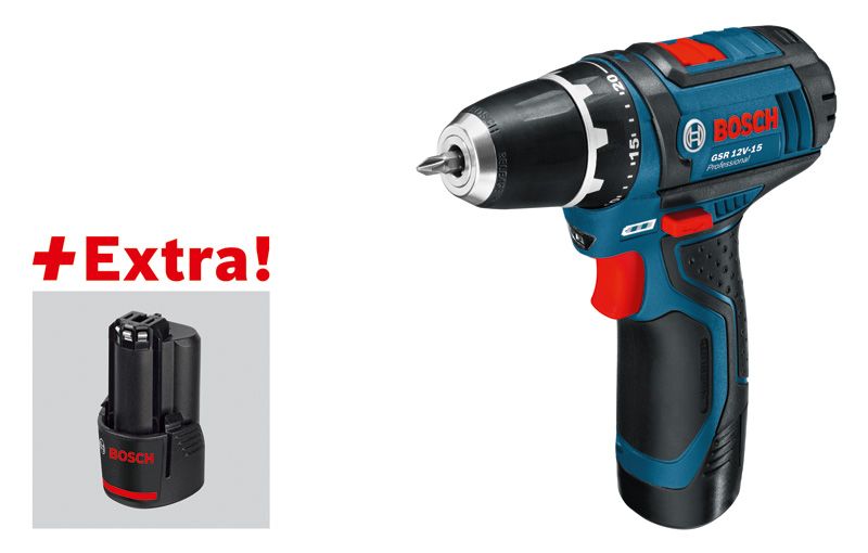 Batteridrevet drill med reservebatteri.