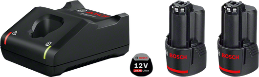 Bosch 12V startsett med lader og to batterier.