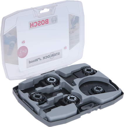 Bosch Starlock-sett for tresagblad i koffert.