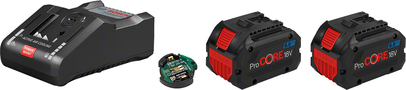 Batterilader og to batterier.