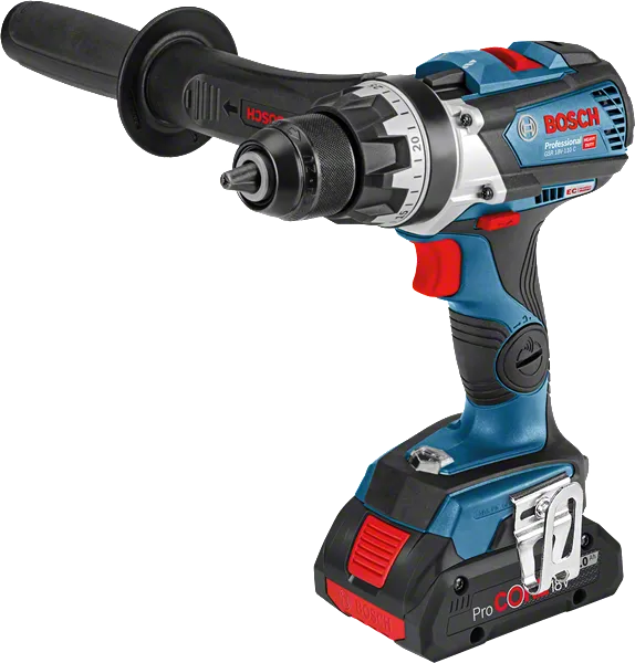 Bosch GSR 18V-110 C batteridrevet drill med sidehåndtak.