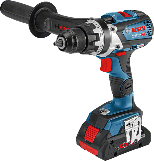 Bosch GSR 18V-110 C batteridrevet drill med sidehåndtak.
