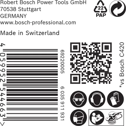 Bosch C470 sandpapirpakningsetikett.
