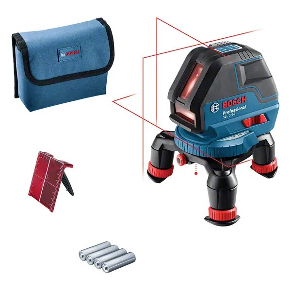 Bosch GLL 3-50 lasernivelleringsverktøy med koffert og tilbehør.