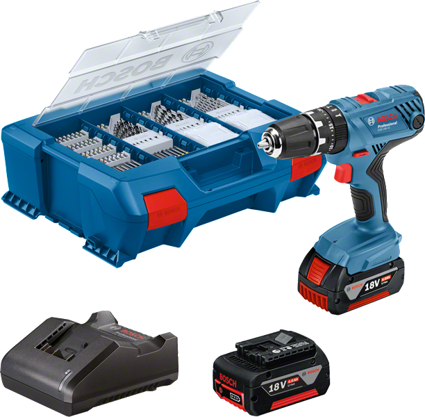 Bosch GSB 18V-21 borsett med koffert og batterier.