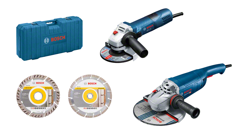 Bosch GWS 22-230 J og GWS 7-125 kombinasjonssett med diamantskjæreskiver.