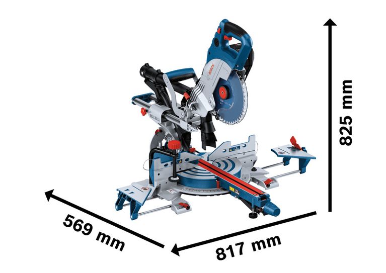 Bosch GCM 18V-216 DC batteridrevet gjærsag med mål.