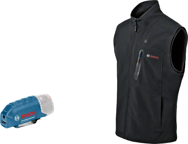 Bosch GHV 12+18V XA varmevest og USB-adapter.