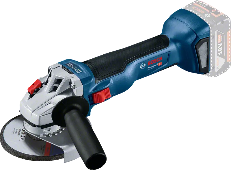 Bosch GWS 18V-10 batteridrevet vinkelsliper med sidehåndtak.