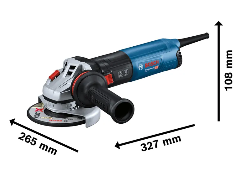 Bosch GWS 14 vinkelsliper med viste mål.