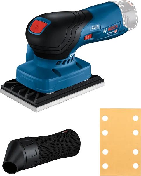 Bosch GSS 12V-13 batteridrevet eksentersliper med støvtilbehør.