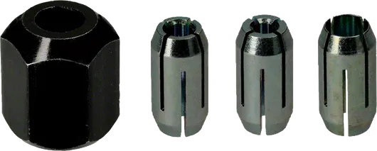 Bosch spennhylsesett med diametere 1/4, 1/8 og 5/32 tommer.